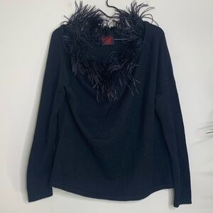 Happy Sheep NWOT Black 100% Cashmere Feather Neckline Off/On Shoulder Sweater M